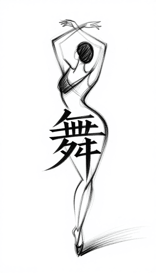 线条艺术素材：素描融合：舞者轮廓与'舞'字商标设计