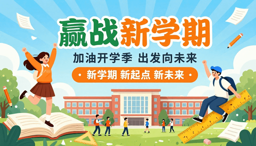 扁平手绘素材：清新手绘校园开学季海报，活力向上迎新