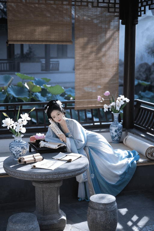 艺术摄影素材：蓝白古韵：朦胧光影下的庭院汉服美人