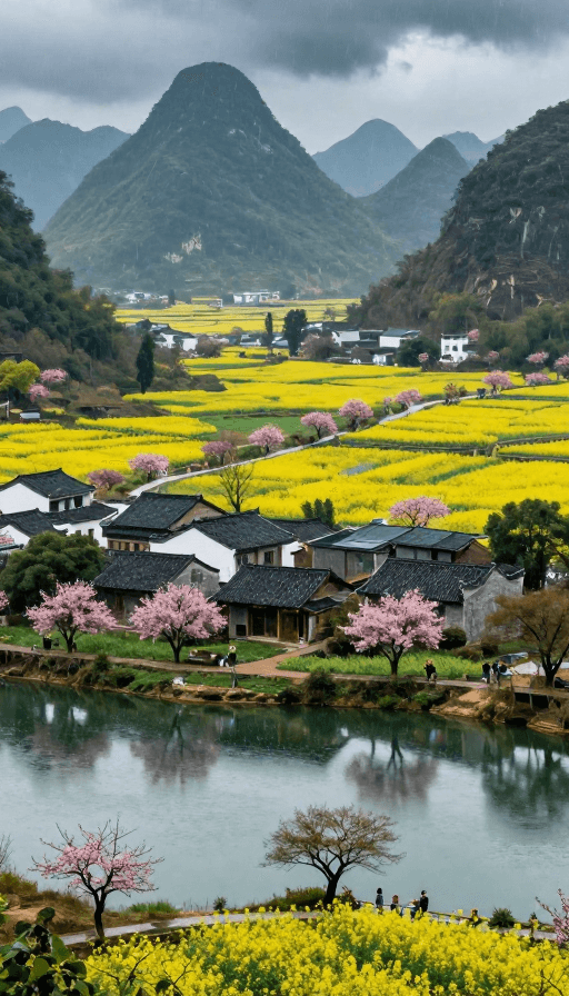 喀斯特地貌素材：中国小山村雨后风景：金黄花田与喀斯特山峰