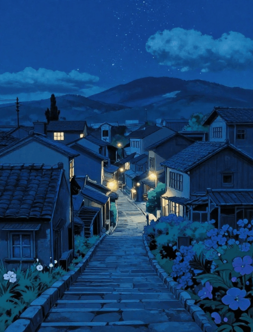 星空素材：宫崎骏梦境：静谧蓝夜古巷花影