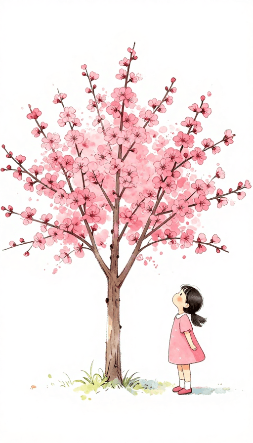 童趣素材：粉色花树间的童趣水彩插画