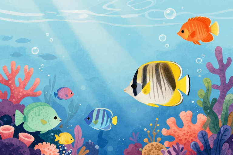 UI适配背景素材：梦幻水彩海底世界：色彩斑斓的海洋生物插画