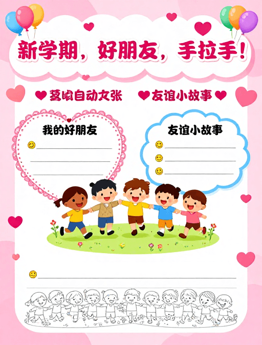 手抄报模板素材：粉红童心友谊海报：新学期手拉手卡通插画
