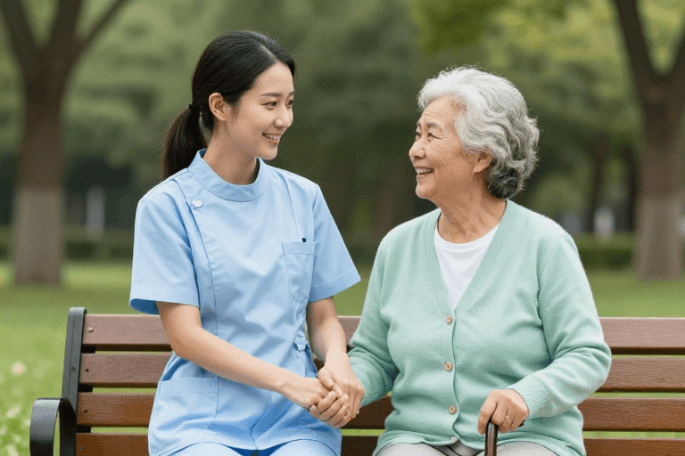 医护关怀素材：医护温情：年轻护士与老人相握笑谈
