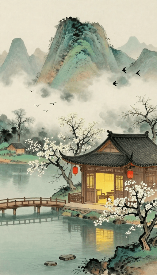 中式山水素材：中式山水意境：暖灯红灯笼下的静谧木桥与云雾山峦
