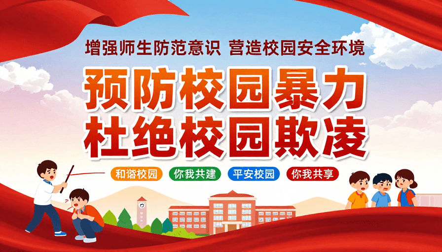 校园安全素材：红色校园安全公益海报：预防暴力共建和谐环境