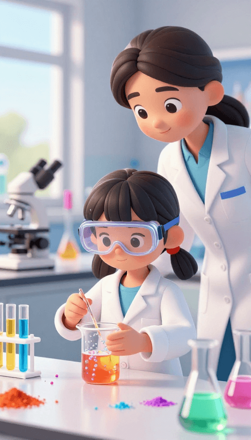 实验室场景素材：亲子科学实验：卡通女孩与妈妈在明亮实验室探索