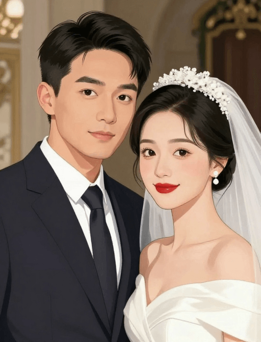 人物肖像素材：东方面孔男女依偎：优雅婚礼漫画立绘