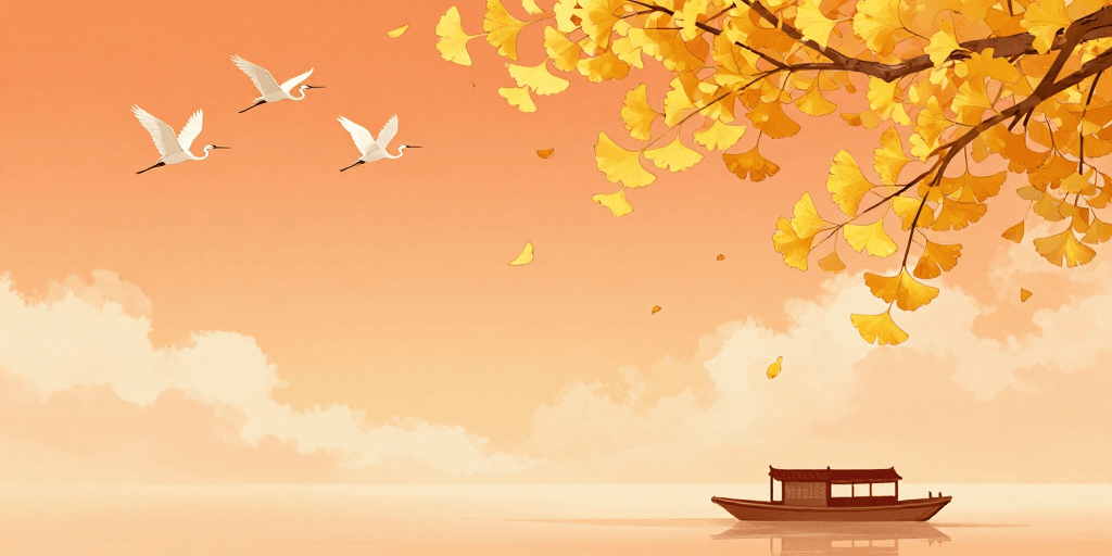 水彩插画素材：秋日银杏与白鹭：温暖水彩意境