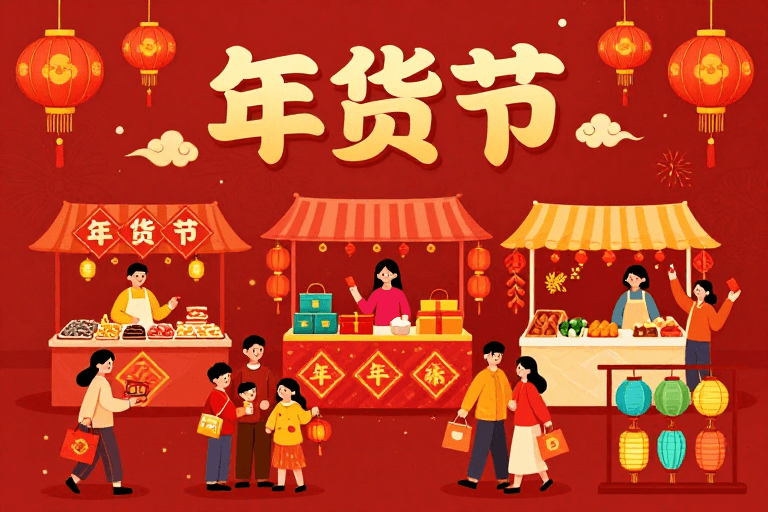扁平化手绘素材：红火年货节：喜庆中式市集手绘插画