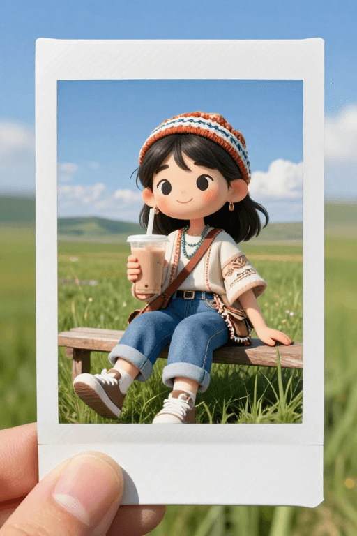 超高清渲染素材：内蒙古草原3D旅行角色：手持奶茶的可爱宝丽来风卡通形象