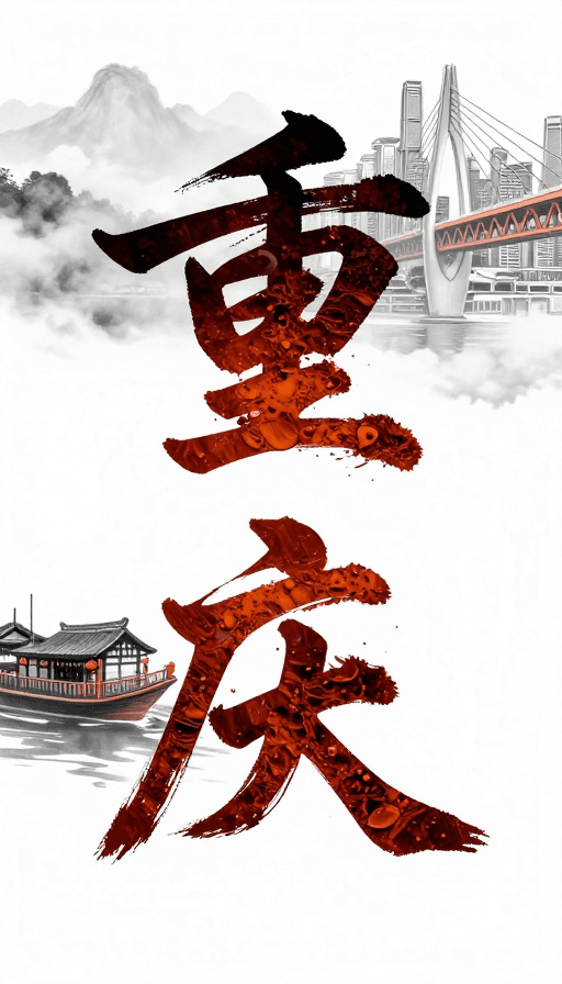 城市地标融合素材：非遗水墨狂草重庆：城市地标与火锅的诗意融合