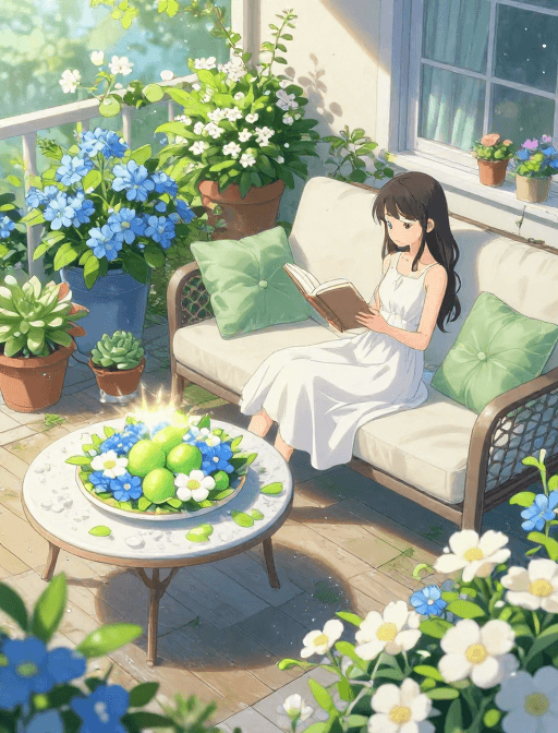 白色长裙素材：春日露台：蓝绿白调下的慵懒动漫少女