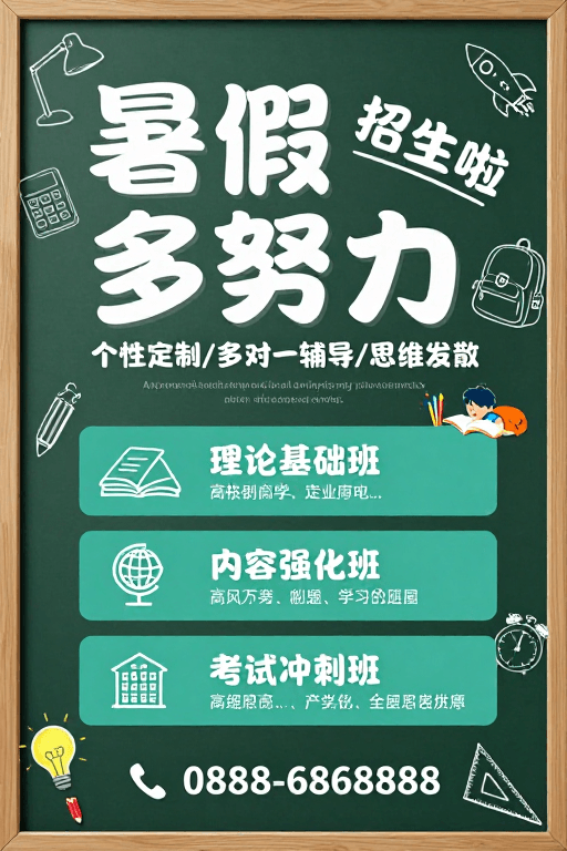 课程宣传素材：暑假多努力 招生啦！生动手绘教育海报