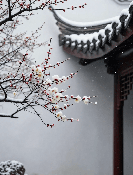 文化装饰素材：雪中红梅映古韵：冬日古建筑旁的梅花