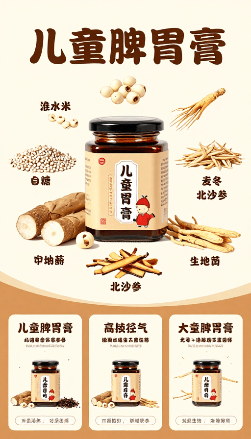 电商海报素材：儿童脾胃膏清新插画海报，天然健康守护