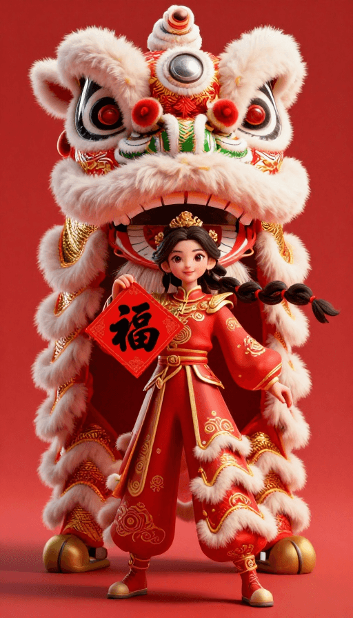 超现实春节舞狮少女：华丽3D视觉盛宴