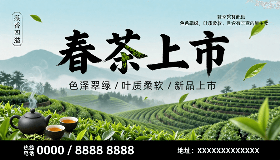 中式设计素材：春日茶韵：水墨风春茶上市宣传海报