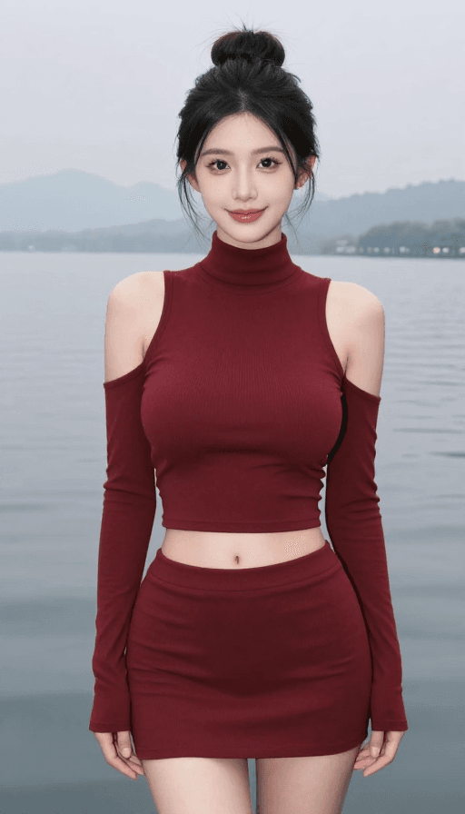 夜景人像素材：酒红无袖裙畔的西湖夜色女神写真