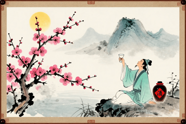 水墨晕染素材：水墨青瓷·文人邀月赏梅图