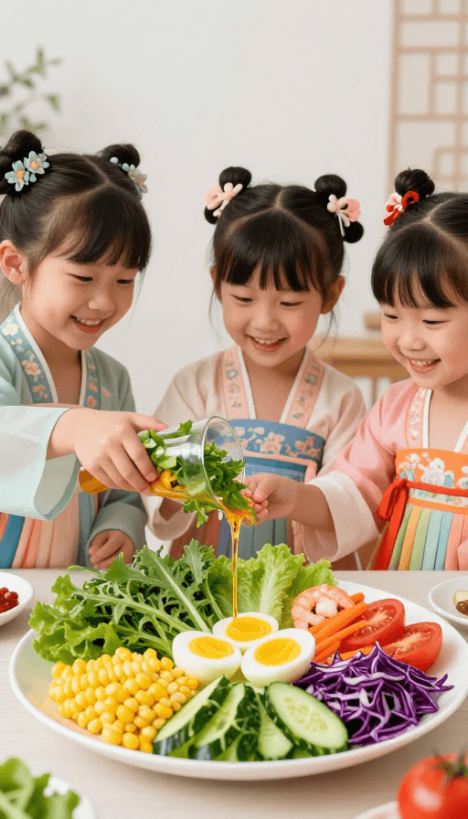 色彩鲜艳素材：汉服少女欢乐制作沙拉：色彩缤纷的素食盛宴