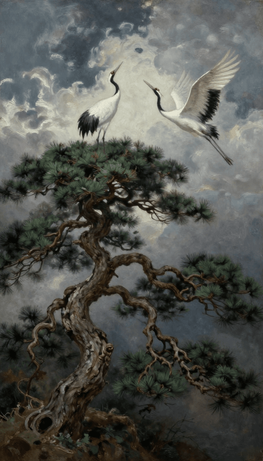 神话意象素材：沧桑老松栖仙鹤，暗黑油画云霞漫