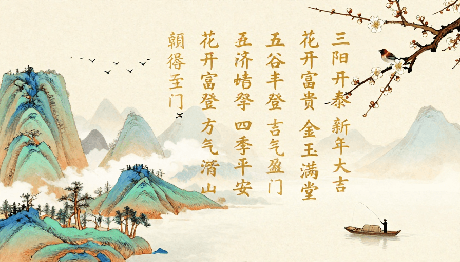 山水画素材：新春吉兆 国风雅韵：米黄宣纸山水福画