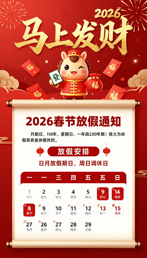 放假通知素材：2026春节喜庆海报：马上发财与放假安排通知
