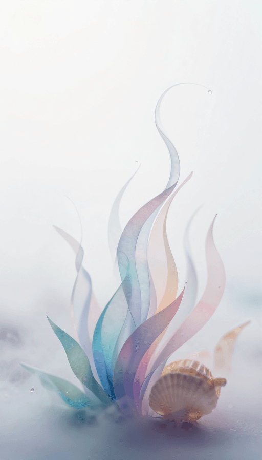 水彩质感素材：梦幻幻景：虚实交织的水草与贝壳