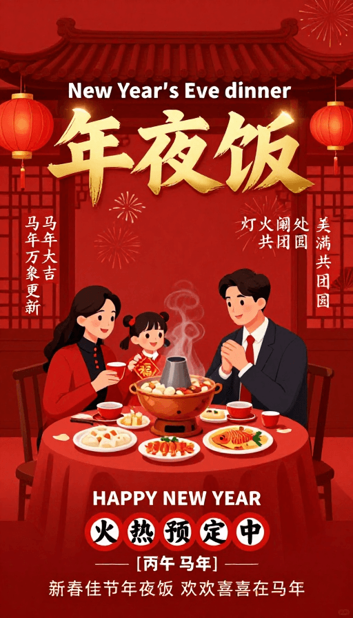 家庭团圆素材：马年新春团圆盛宴：阖家欢庆年夜饭海报