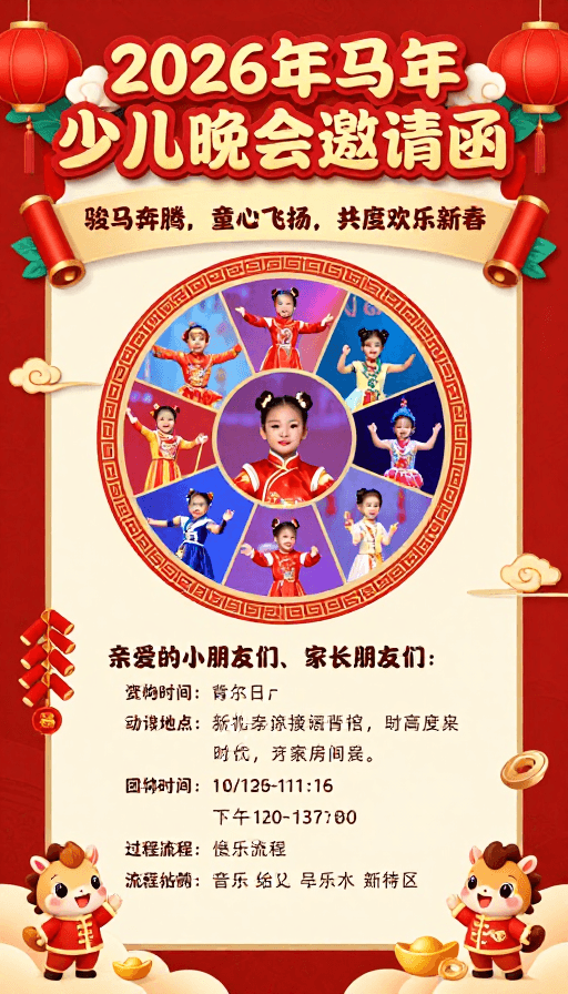 喜庆素材：2026马年春节·童趣盎然少儿晚会邀请函海报