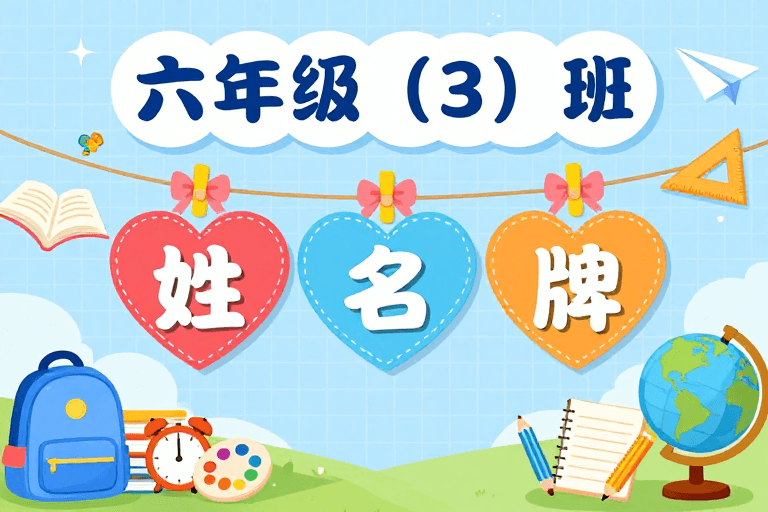 卡通风格素材：清新校园风六年级（3）班姓名牌海报