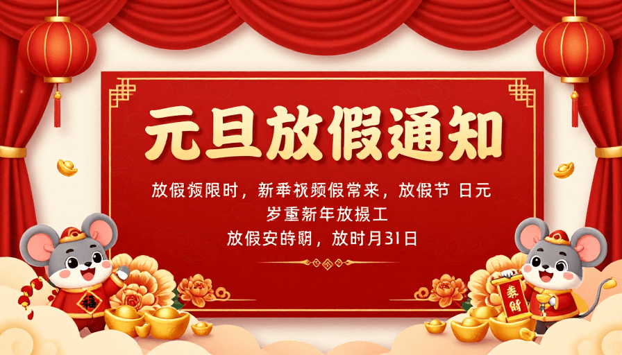 中国风新年素材：喜庆中国风元旦放假通知：红金竖版公告与卡通鼠