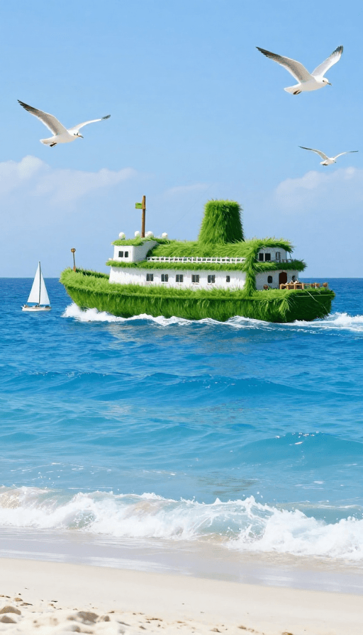 超现实插画素材：巨草游轮奇幻海景：宝石蓝海浪与白色沙滩间的童话之旅
