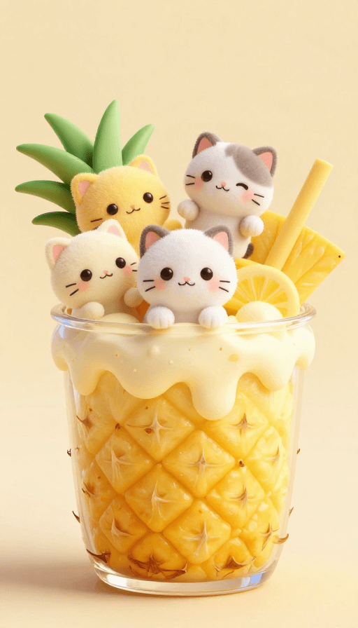 可爱猫咪素材：萌化治愈：3D高清奶猫跃动于菠萝奶杯