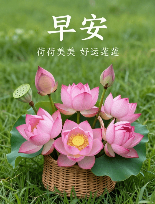 好运寓意素材：早安荷香：绿意草地上的生机勃勃与美好祝愿