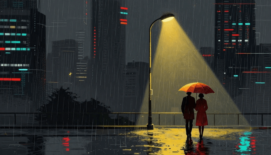 数字绘画素材：赛博雨夜霓虹孤旅：科技与浪漫的街角剪影