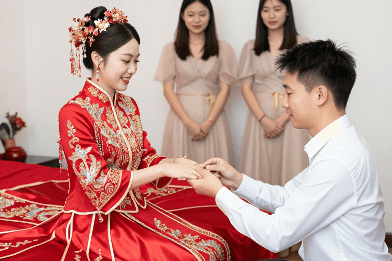 高清晰度素材：亚洲新娘身着红秀禾服，温情佩戴戒指的中式婚礼瞬间