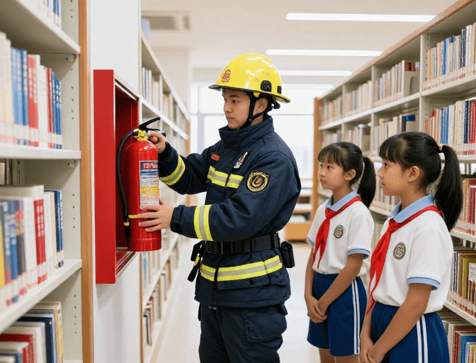 图书馆场景素材：消防员教授安全：图书馆内消防安全教育场景