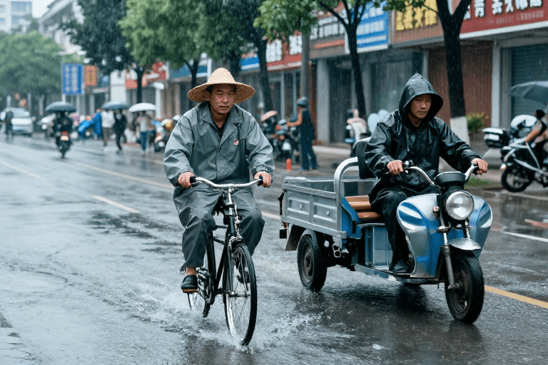 城市纪实素材：雨中骑行记：城市街景的冷调温情瞬间