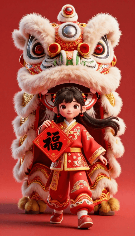 古风人物素材：梦幻春节：古风少女与舞狮的超现实盛宴