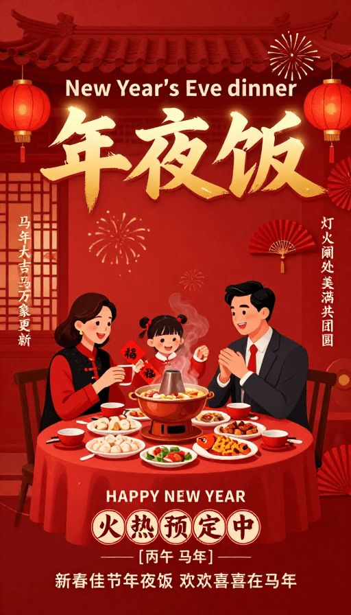 家庭团圆素材：马年温馨年夜饭插画海报