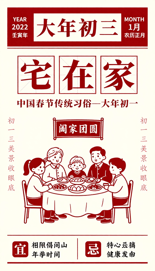 家庭团圆素材：春节大年初三传统民俗海报设计