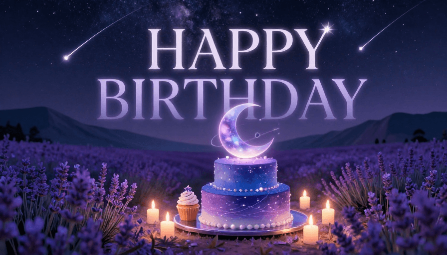梦幻插画素材：星空花海中的星光蛋糕生日祝福