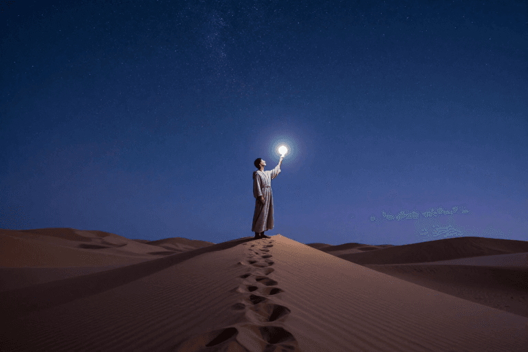 冷调摄影素材：星空下的孤独旅人：沙漠中的哲学探索