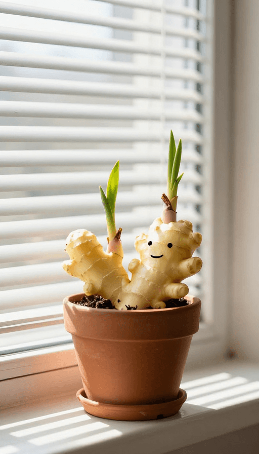 插画艺术素材：萌趣生姜拟人：翡翠嫩芽与晨光的诗意邂逅