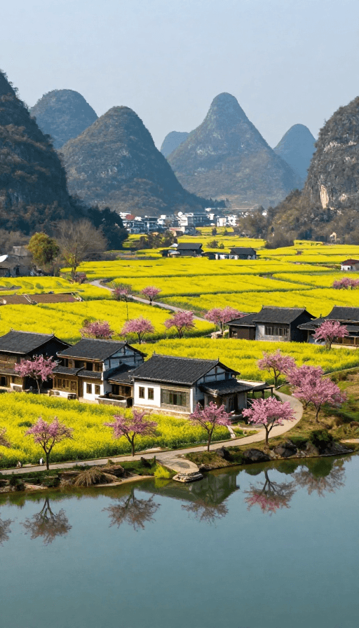 中式庭院素材：金黄花海映古宅，喀斯特山水入画卷