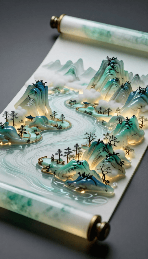 文化插画素材：三维水墨秘境：宋代画卷的超现实微观演绎