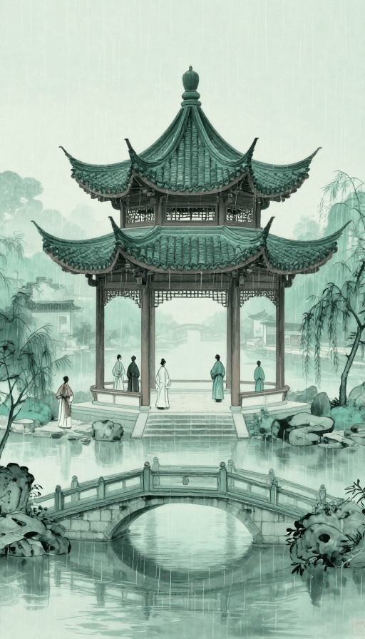 国风插画素材：青花雨巷古韵：江南烟雨亭台与行人